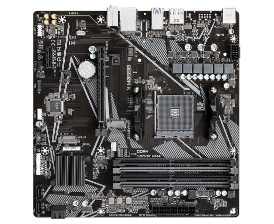 Gigabyte B550M K 1.0 M/B Processor family AMD, Processor socket AM4, DDR4 DIMM, Memory slots 4, Supported hard disk drive interfaces 	SATA, M.2, Number of SATA connectors 4, Chipset AMD B550, Micro ATX