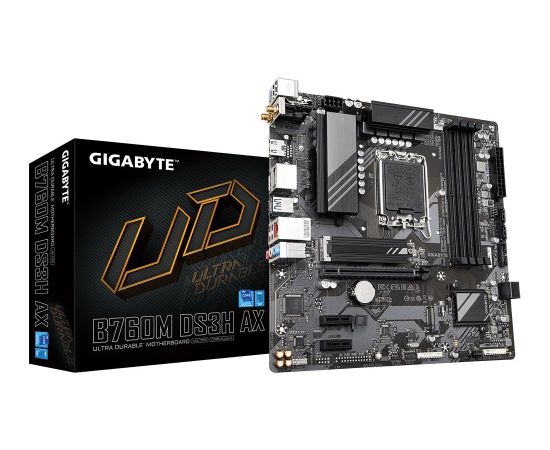 Mainboard GIGABYTE Intel B760 Express LGA1700 Micro-ATX Memory DDR5 Memory slots 4 2xPCI-Express 3.0 1x 1xPCI-Express 4.0 16x 2xM.2 1xHDMI 2xDisplayPort 2xAudio-In 1xAudio-Out 2xUSB 2.0 3xUSB 3.2 1xUSB-C 1xPS/2 1xRJ45 B760MDS3HAX1.3