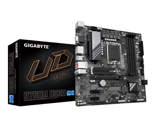 Mainboard GIGABYTE Intel B760 Express LGA1700 Micro-ATX Memory DDR5 Memory slots 4 2xPCI-Express 3.0 1x 1xPCI-Express 4.0 16x 2xM.2 1x15pin D-sub 1xHDMI 2xDisplayPort 2xUSB 2.0 3xUSB 3.2 1xUSB-C 1xPS/2 1xRJ45 3xAudio port B760MDS3H