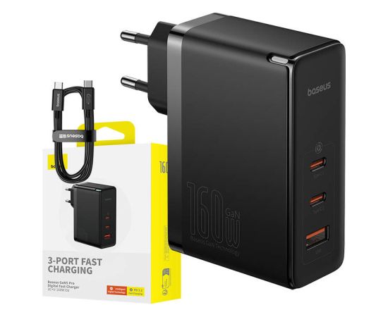 Wall charger Baseus GaN5 Pro 2xUSB-C + USB, 160W (black)