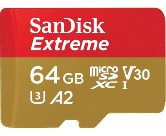 SANDISK Extreme 64GB microSDXC + SD Adapter + 1 year RescuePRO Deluxe up to 170MB/s & 80MB/s Read/Write speeds A2 C10 V30 UHS-I U3