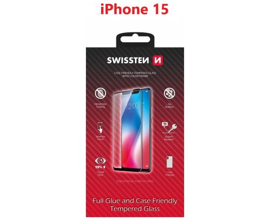 Swissten Full Face Tempered Glass Aizsargstikls Pilnam Ekrānam Apple iPhone 15