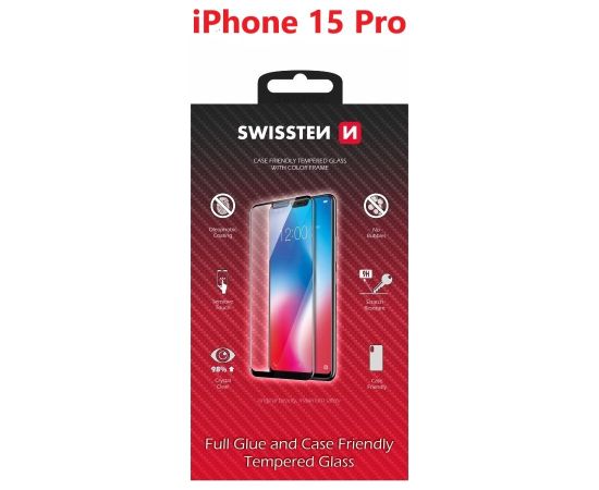 Swissten Full Face Tempered Glass Aizsargstikls Pilnam Ekrānam Apple iPhone 15 Pro