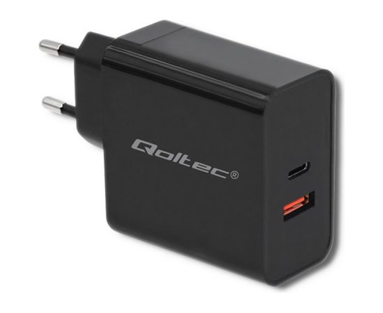 Qoltec 51716 Charger | 63W | 5-20V | 1.5-3A | USB type C PD | USB QC 3.0 | Black