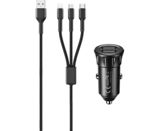 Car charger 2x USB, Remax RCC236, 2.4A (black) + 3 in 1 cable