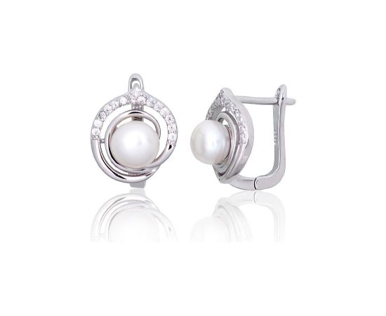 Серебряные серьги на английском замке #2203844(PRh-Gr)_CZ+PE, Серебро 925°, родий (покрытие), Цирконы, Жемчуг, 4.2 гр.
