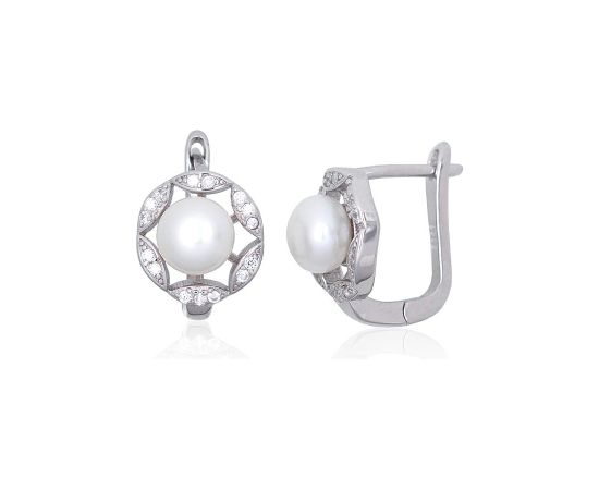 Серебряные серьги на английском замке #2203842(PRh-Gr)_CZ+PE, Серебро 925°, родий (покрытие), Цирконы, Жемчуг, 4 гр.
