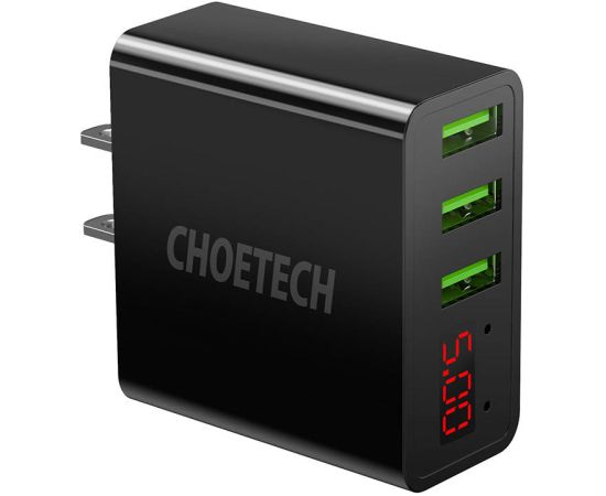 Wall Charger Choetech C0026, US plug, 3x USB-C with digital display 15W (black)