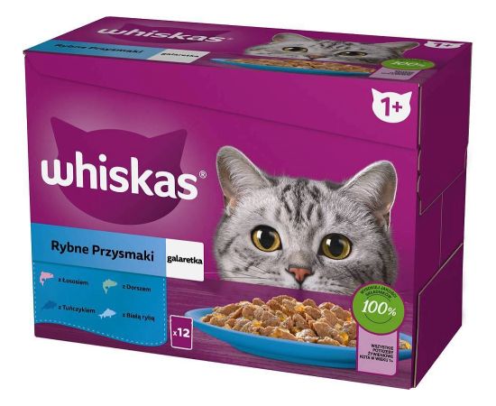 WHISKAS jelly sachets, flavours: White Fish, Cod, Salmon, Tuna - wet cat food - 12x85g