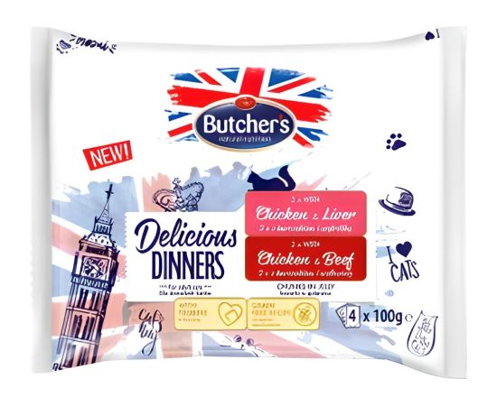 BUTCHER'S Delicious Dinners Chicken with liver, Chicken with beef   - wet cat food - 4 x 100g