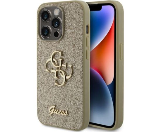 Guess iPhone 15 Pro Fixed Glitter 4G Metal Logo Case Apple Gold