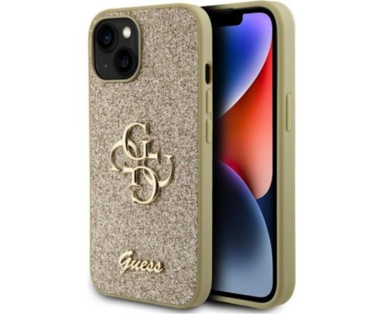 Guess iPhone 15 Fixed Glitter 4G Metal Logo Case Apple Gold