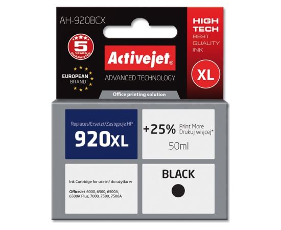 Activejet AH-920BCX HP Printer Ink, Compatible with HP 920XL CD975AE;  Premium;  50 ml;  black. Prints 25% more.