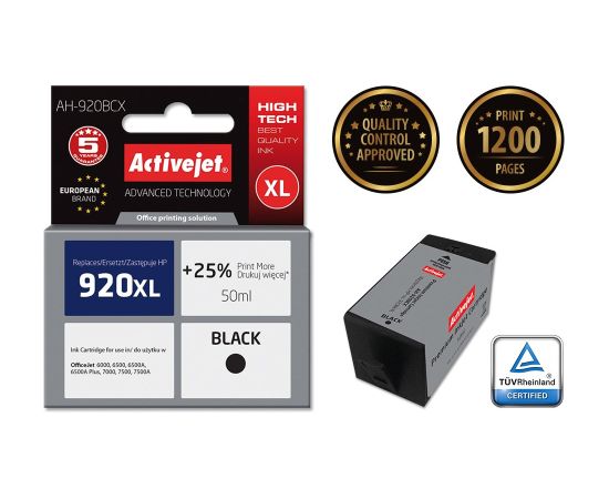 Activejet AH-920BCX HP Printer Ink, Compatible with HP 920XL CD975AE;  Premium;  50 ml;  black. Prints 25% more.