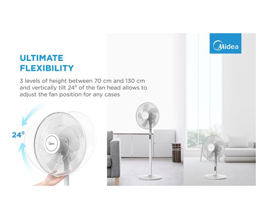 Midea Stand fan, 48W, 40cm, 8 Speeds, 8H timer, LED display, electric control with remote, 3-in-1: Stand/Table/Table+Stand, control panel on rear motor cover, air flow: 41m³/min, noise level: 38-65 dB, Oscillation  85°, Tilting, 41m³/min, sleep mode