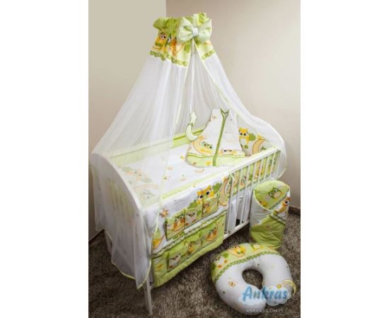 Sešdaļīgs gultas veļas komplekts - pūces 120x90x360, zaļš
