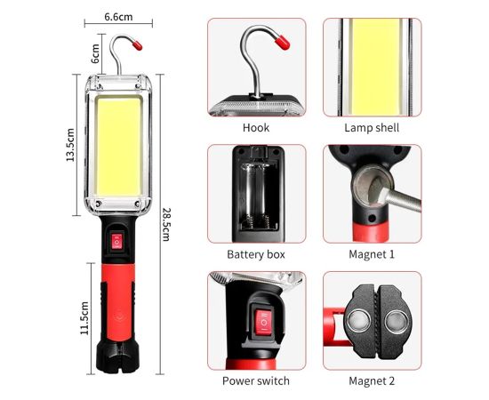 Maclean magnetic COB workshop lamp, 2x1200mAh, 700lm, USB Type-C/Micro USB, MCE307