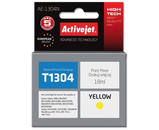 Activejet AE-1304N Epson Printer Ink, Compatible with Epson T1304;  Supreme;  18 ml;  yellow.