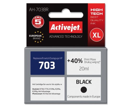 Activejet Ink Cartridge AH-703BR for HP Printer, Compatible with HP 703 CD887AE;  Premium;  20 ml;  black. Prints 40% more.