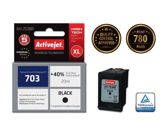 Activejet Ink Cartridge AH-703BR for HP Printer, Compatible with HP 703 CD887AE;  Premium;  20 ml;  black. Prints 40% more.