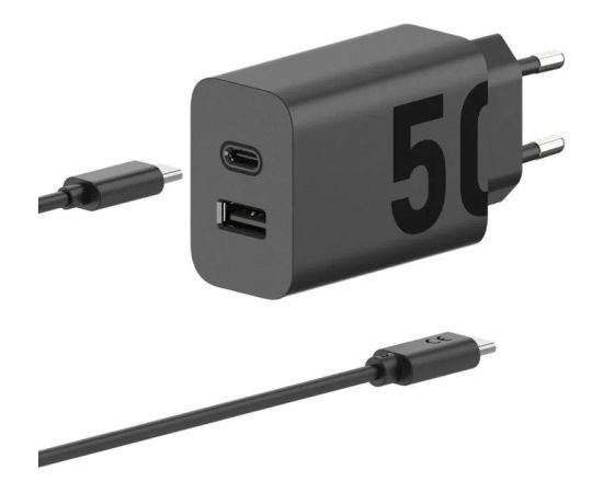 Motorola Charger TurboPower 50W Duo USB-C + USB-A  w/ USB-C cable, Black