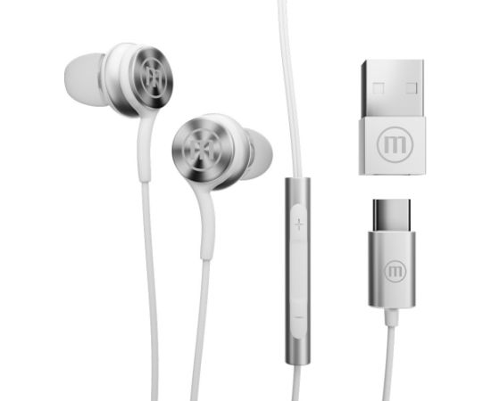 Maxell XC1 USB-C wired headphones with USB-A adapter white