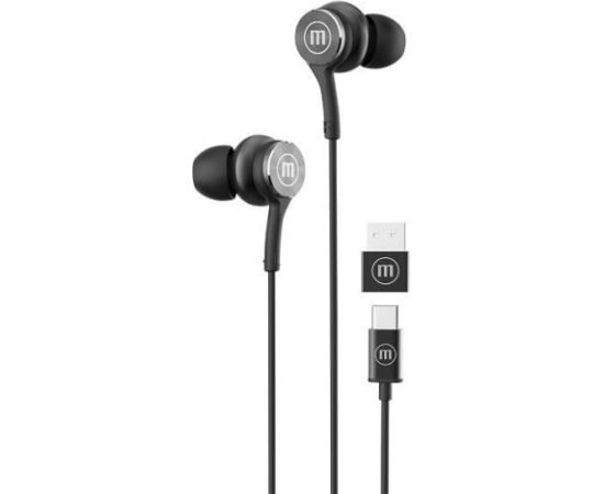 Maxell XC1 USB-C wired headphones with USB-A adapter black