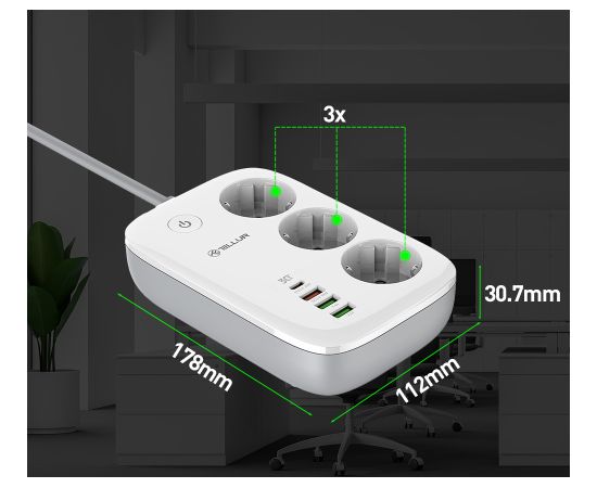 Tellur Smart WiFi Power Strip 3 Outlets, PD30W, QC18W, 2xUSB 2.4A 2500W 10A 2m