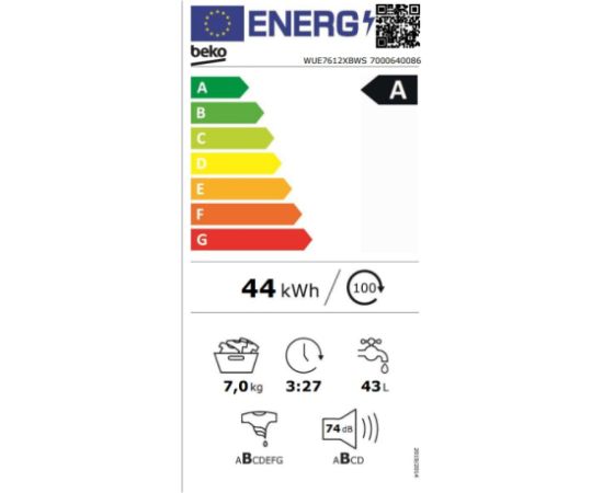 BEKO WUE7612XBWS veļas mašīna 7kg 1200rpm