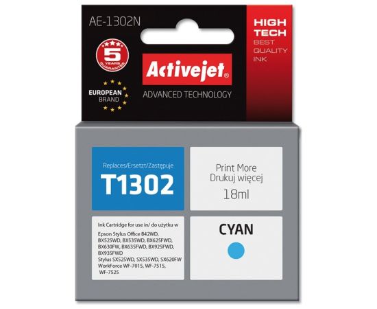 Activejet AE-1302N Ink (replacement for Epson T1302; Supreme; 18 ml; cyan)