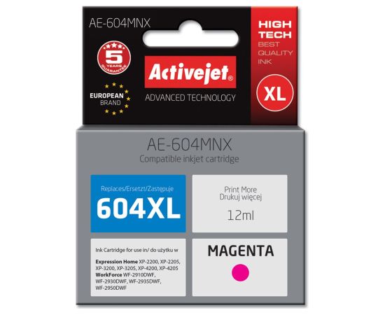 Activejet AE-604MNX printer ink for Epson (replacement Epson 604XL C13T10H34010) yield 350 pages; 12 ml; Supreme; Magenta
