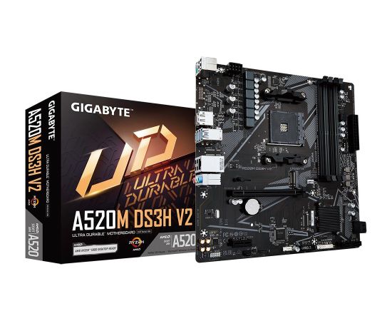 Mainboard GIGABYTE AMD A520 SAM4 Micro-ATX Memory DDR4 Memory slots 4 1xPCI-Express 3.0 1x 1xPCI-Express 3.0 16x 1xM.2 1xHDMI 1xDisplayPort 2xUSB 2.0 4xUSB 3.2 1xPS/2 1xRJ45 3xAudio port A520MDS3HV21.1