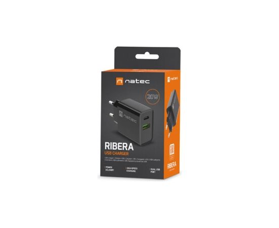 NATEC USB CHARGER RIBERA USB-A+USB-C 20W PD BLACK