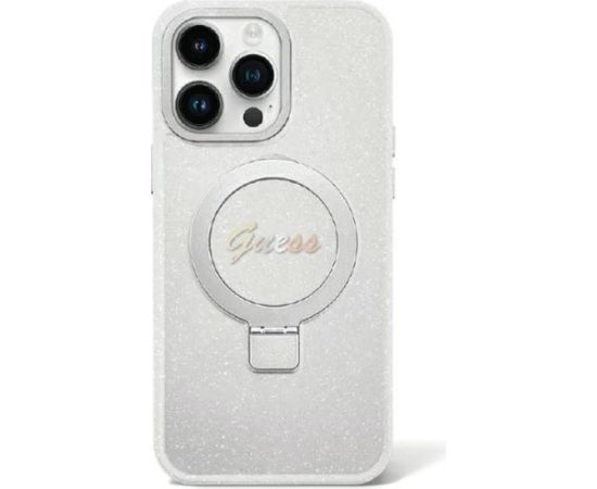 Guess Ring Stand Script Glitter MagSafe Back Case Aizsargapvalks Priekš Apple iPhone 15 Plus