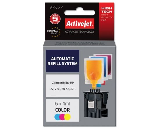 Activejet RS-22 HP Printer Refill System, HP 22XL C9352A Compatible, 28 C8728A, 57 C6657A; Supreme;  6 x 4 ml;  colour.