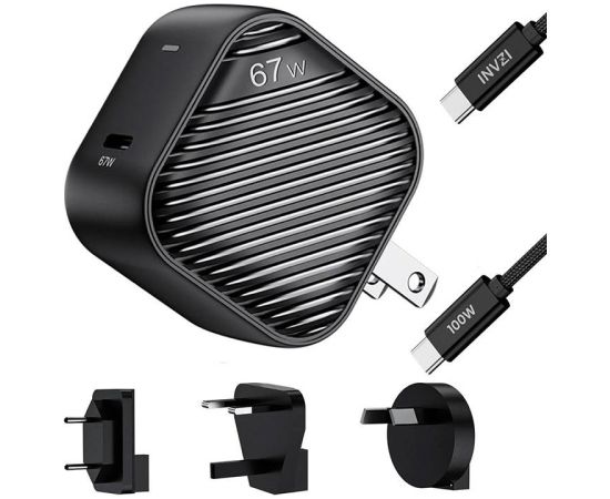 INVZI GanHub 1x USB-C charger, 67W, EU/UK/AU/US + 1.5m USB-C cable (black)