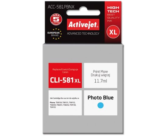 Activejet ACC-581PBNX ink for Canon printer; Canon CLI-581PB XL replacement; Supreme; 11,70 ml; photo blue