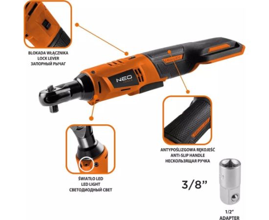 Klucz udarowy Neo Grzechotka akumulatorowa Energy+ 18V, Li-lon, 3/8”, bez akumulatora, adapter 1/2" 04-603