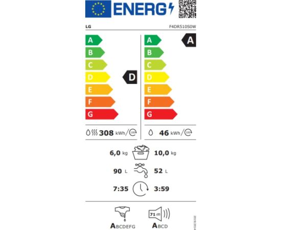 LG F4DR510S0W 10/6kg 1400rpm Veļas mašīna ar žāvētāju