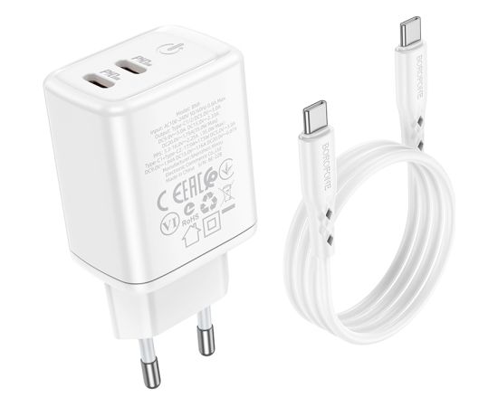 OEM Borofone Wall charger BN9 Reacher - 2xType C - QC 3.0 PD 35W with Type C to Type C cable white