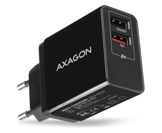 Axagon Dual wallcharger <240V / 2x USB port QC3.0/AFC/FCP + 5V-1.2A. 24W total power.