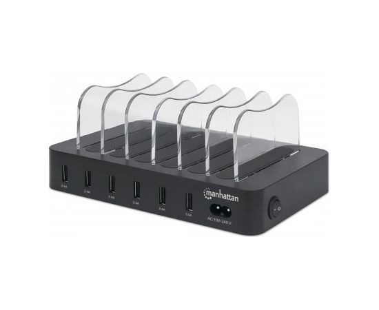 Manhattan Charging Station, 6x USB-A Ports, Outputs: 6x 2.4A, Smart IC, LED Indicator Lights, Black, Three Year Warranty, Box