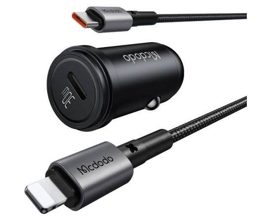 Mcdodo CC-7492 car charger, USB-C, 30W + USB-C to Lightning cable (black)