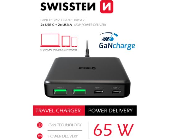 Swissten Desktop GaN Charger Адаптер 2x USB-C /  2x USB / 65W