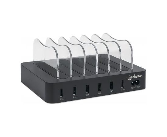 Manhattan Charging Station, 6x USB-A Ports, Outputs: 6x 2.4A, Smart IC, LED Indicator Lights, Black, Three Year Warranty, Box