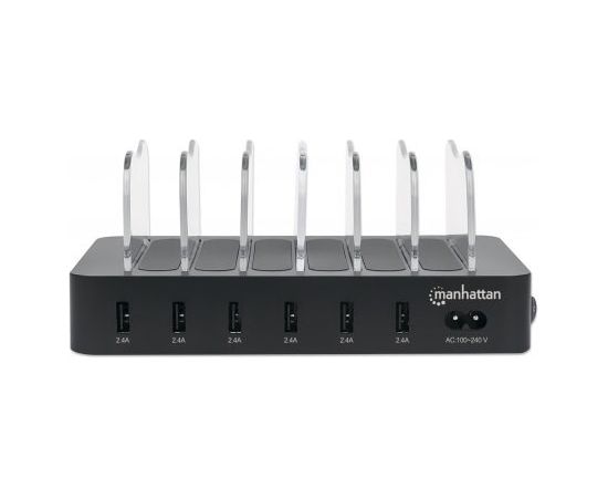 Manhattan Charging Station, 6x USB-A Ports, Outputs: 6x 2.4A, Smart IC, LED Indicator Lights, Black, Three Year Warranty, Box