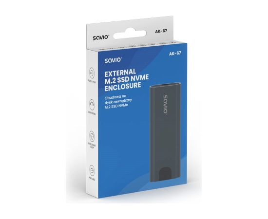 Savio M.2 SSD NVMe external drive enclosure, USB-C 3.1, AK-67, grey