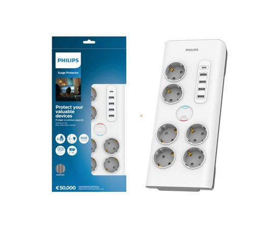 Philips Surge protector SPN7060WA/58, 6 outlets, 2 m power cord, 1 x Type C port, Max 15 W output, 4 x Type A ports, Max 20 W output, 900 joules of surge protection / SPN7060WA/58