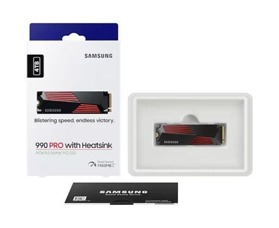 SSD SAMSUNG 990 PRO with Heatsink 4TB M.2 PCIe Gen4 NVMe TLC Write speed 6900 MBytes/sec Read speed 7450 MBytes/sec 2.3mm TBW 1200 TB MTBF 1500000 hours MZ-V9P4T0GW