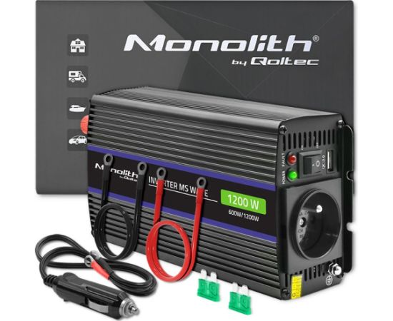 Qoltec 51925 Monolith voltage converter 1200 MS Wave |12V to 230V | 600/1200W | USB